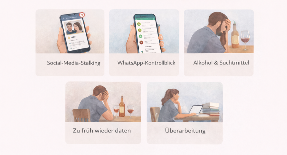 Infografik: Dinge, die deine Psyche nach einer Trennung verschlechtern, wie Social-Media-Stalking, Alkohol, zu frühes Dating und Überarbeitung