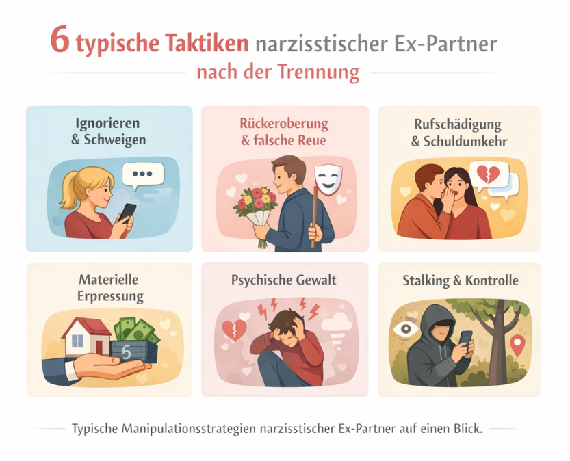 Infografik mit sechs typischen Taktiken narzisstischer Ex-Partner nach einer Trennung: Ignorieren und Schweigen, Rückeroberung mit falscher Reue, Rufschädigung und Schuldumkehr, materielle Erpressung, psychische Gewalt sowie Stalking und Kontrolle.