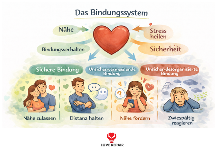 Illustration der vier Bindungstypen im Bindungssystem – sichere, vermeidende, ängstliche und desorganisierte Bindung und ihr Verhalten in Beziehungen.
