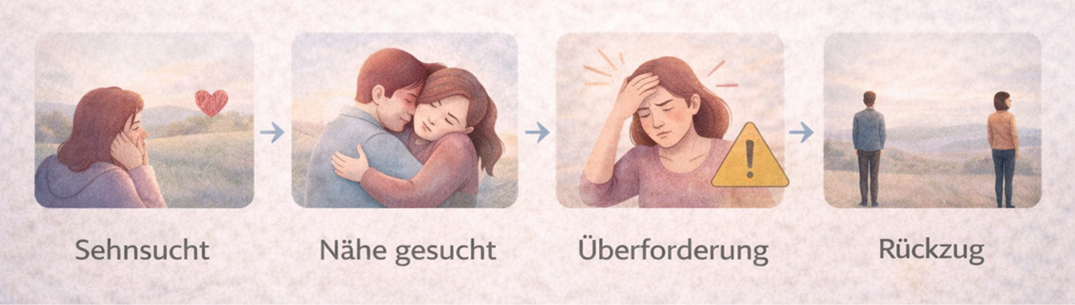 Grafische Darstellung des Nähe-Distanz-Kreislaufs beim vermeidenden Bindungsstil: Sehnsucht, Nähe wird gesucht, Überforderung entsteht und führt zum Rückzug.