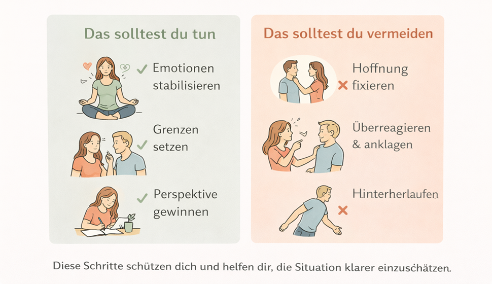 Infografik zeigt konkrete Handlungsschritte zum Umgang mit der Situation, wenn der Ex trotz neuer Freundin noch emotional präsent ist, mit Fokus auf Selbstschutz und Klarheit.