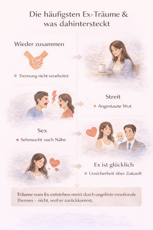 Infografik zu häufigen Träumen vom Ex-Partner wie Wieder-zusammen-sein, Streit, Sex oder Ex ist glücklich – und den dahinterliegenden emotionalen Themen.