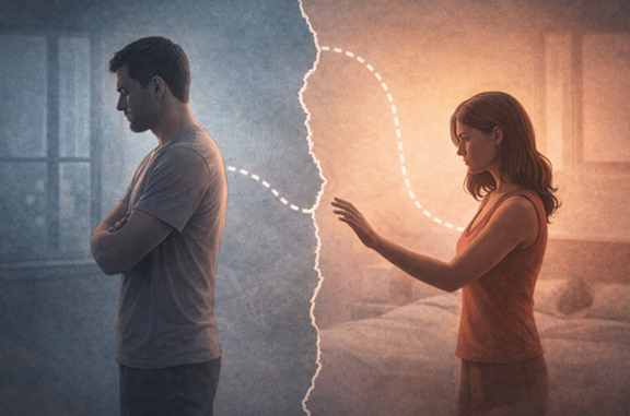 Illustration eines Paares mit emotionaler Distanz: Ein Partner zieht sich zurück, während der andere Nähe sucht – Symbol für den vermeidenden Bindungsstil in Beziehungen.