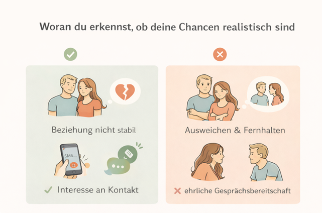Infografik zeigt anhand positiver und negativer Anzeichen, woran man erkennt, ob eine Annäherung an den Ex trotz neuer Freundin realistisch ist.