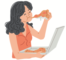 Frau isst genüsslich ein Stück Pizza und hält die offene Schachtel - symbolisch für das Gefühl von emotionalem Hunger