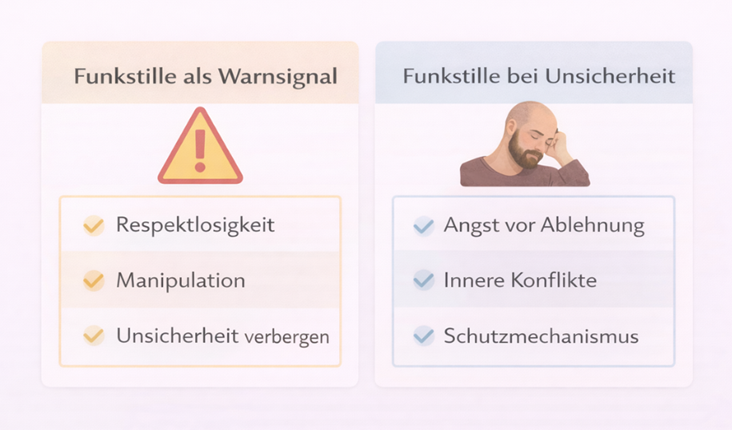 Vergleichende Infografik, die Funkstille als mögliches Warnsignal und als Ausdruck von Unsicherheit gegenüberstellt, mit Stichpunkten zu Respektlosigkeit, Manipulation sowie Angst vor Ablehnung und inneren Konflikten.