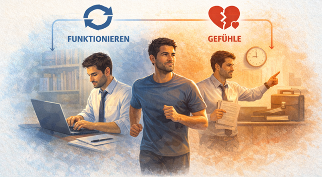 Mann lenkt sich nach einer Trennung mit Arbeit, Sport und Alltag ab – visuelle Darstellung des männlichen Musters „funktionieren statt fühlen“.