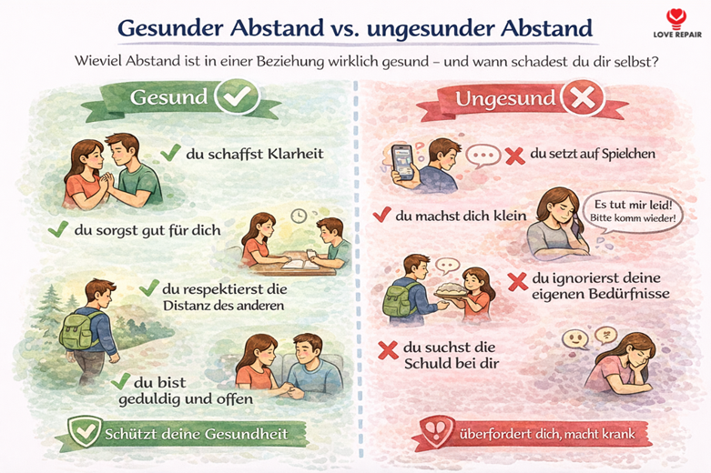 Infografik zeigt den Unterschied zwischen gesundem Abstand und ungesundem Abstand in Beziehungen mit Bindungsangst