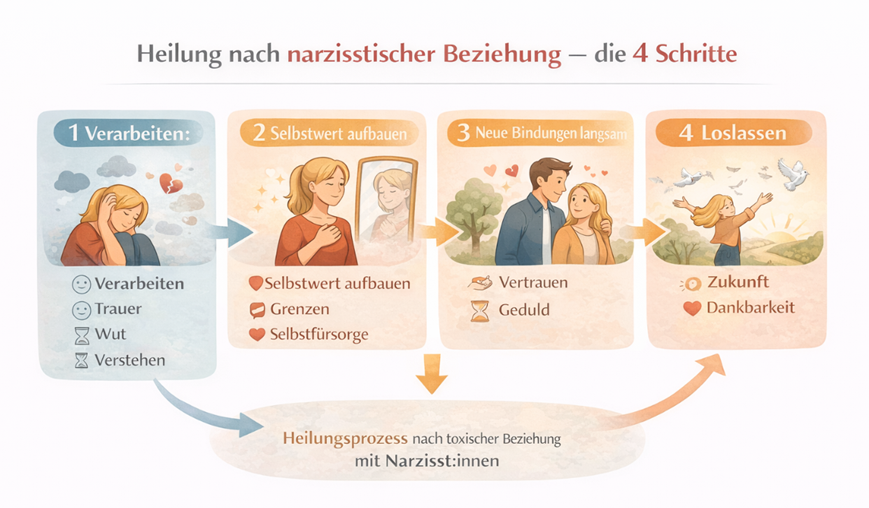 Infografik zeigt vier Schritte zur Heilung nach einer narzisstischen Beziehung: Gefühle verarbeiten, Selbstwert aufbauen, neue Bindungen langsam eingehen und emotional loslassen.