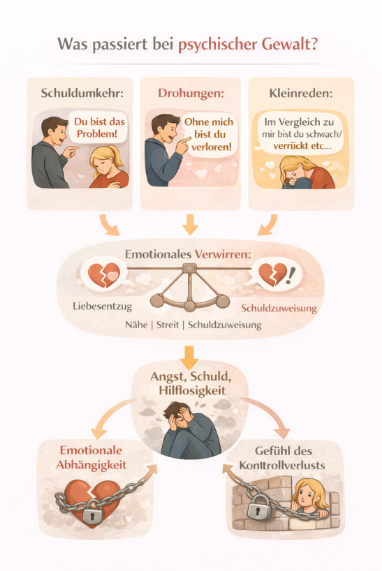 Infografik zu psychischer Gewalt nach Trennungen: Schuldumkehr, Drohungen und Kleinreden führen zu emotionaler Verwirrung, Angst, Schuldgefühlen und emotionaler Abhängigkeit.