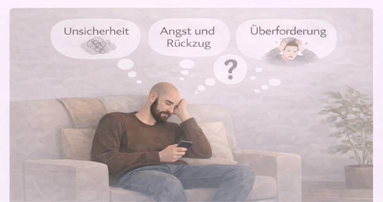 Illustration eines nachdenklichen Mannes auf dem Sofa, der auf sein Smartphone schaut, umgeben von Gedankenblasen mit den Begriffen Unsicherheit, Angst und Rückzug sowie Überforderung.