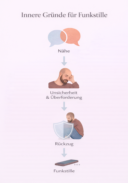 Infografik, die zeigt, wie Nähe Unsicherheit und Überforderung auslösen kann, daraus Rückzug entsteht und schließlich Funkstille folgt.