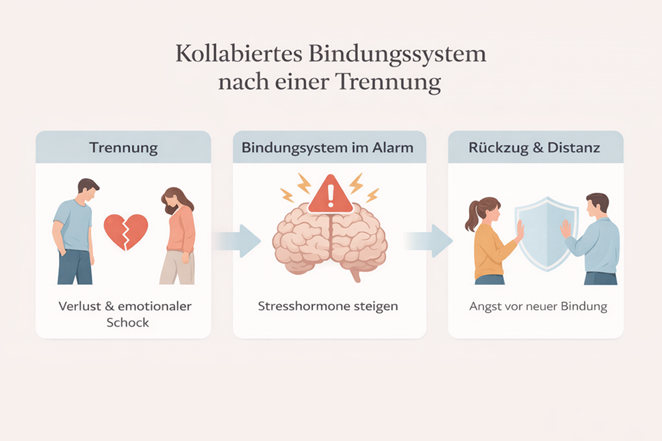 Infografik erklärt ein kollabiertes Bindungssystem nach einer Trennung mit Stressreaktion und emotionalem Rückzug