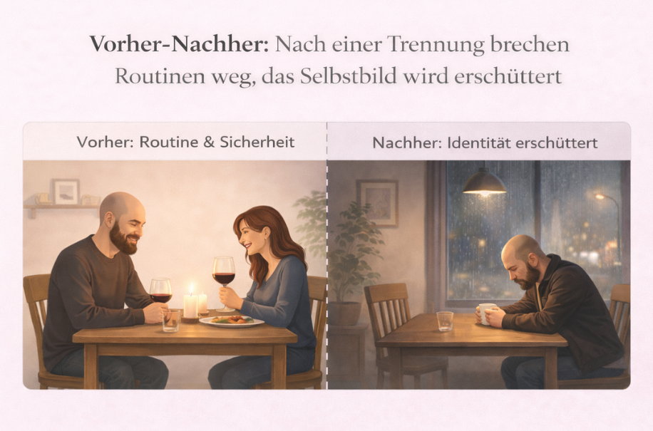 Illustration zeigt eine Person nach einer Trennung, bei der vertraute Routinen weggebrochen sind und die sich unsicher und orientierungslos fühlt.