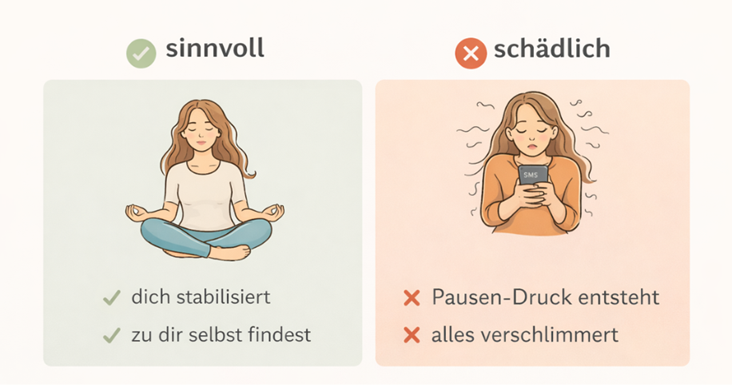 Infografik zeigt den Unterschied zwischen sinnvoller Kontaktsperre und schädlichem Kontakt: emotionale Beruhigung und Klarheit auf der einen Seite, Druck und Distanz auf der anderen.