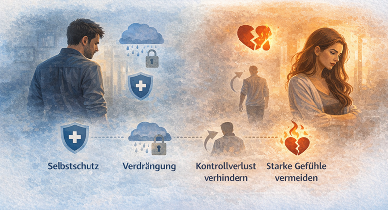 Warum Männer nach einer Trennung oft distanziert wirken – Illustration zu Selbstschutz, Verdrängung und emotionalem Rückzug