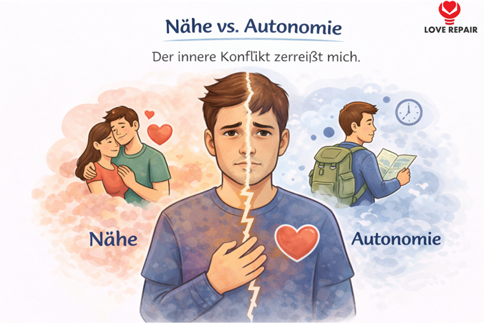 Illustration zeigt inneren Konflikt eines bindungsängstlichen Menschen zwischen Nähe in einer Beziehung und Wunsch nach Autonomie und Freiheit.