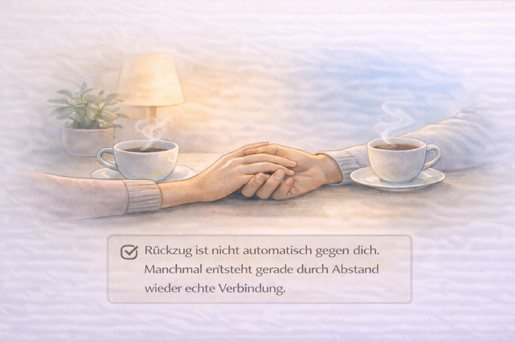 Illustration: Zwei Menschen halten sich an den Händen bei einer Tasse Kaffee – Symbol für Verbindung und Nähe, obwohl sich jemand emotional zurückzieht.