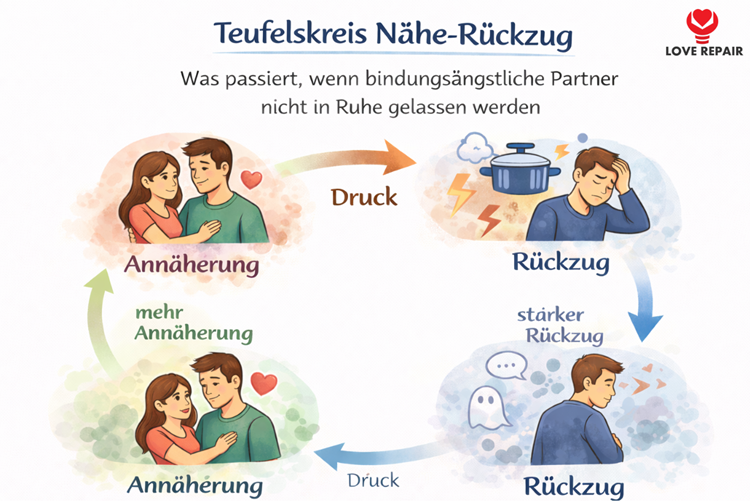 Teufelskreis aus Annäherung und Rückzug bei Bindungsangst – Beziehungsmuster visuell erklärt