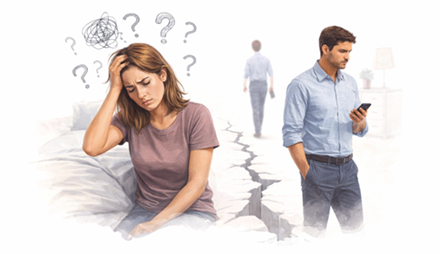 Illustration einer Frau, die nach einer Trennung emotional überfordert wirkt, während ihr Ex-Partner distanziert und rational erscheint – symbolisch für unterschiedliche Verarbeitungsweisen nach einer Trennung.