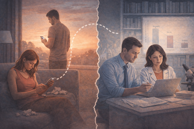 Illustration eines Paares nach einer Trennung: Eine Person zieht sich emotional zurück, während die andere Nähe sucht; gegenübergestellt mit wissenschaftlicher Analyse zu Bindungsstilen.