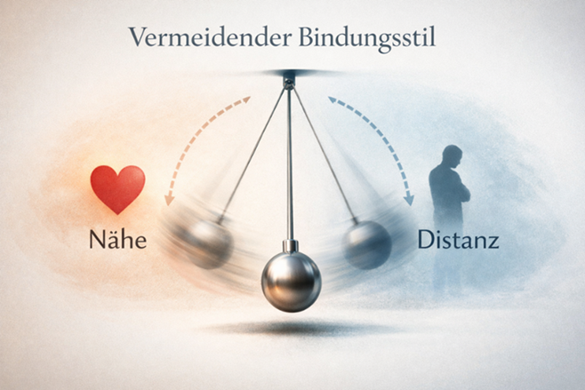 Illustration eines Pendels zwischen Nähe und Distanz als Symbol für den vermeidenden Bindungsstil und das innere Spannungsfeld in Beziehungen.