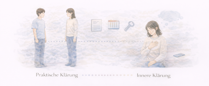 Illustration zeigt äußere, praktische Klärung und innere, emotionale Klärung nach einer Trennung.