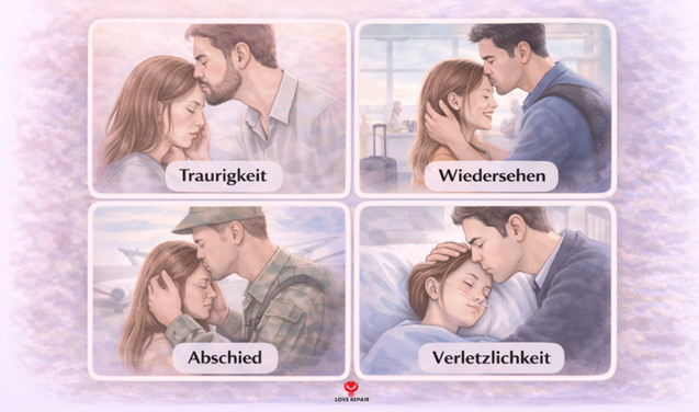 Infografik zeigt vier emotionale Situationen, in denen ein Stirnkuss besonders viel Bedeutung haben kann: Traurigkeit, Wiedersehen, Abschied und Verletzlichkeit.