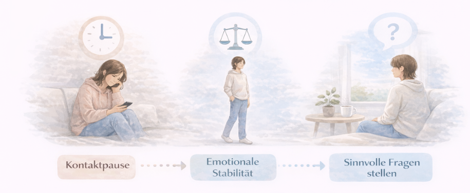Infografik zeigt drei Phasen nach einer Trennung: Kontaktpause, emotionale Stabilität und sinnvolle Fragen stellen.
