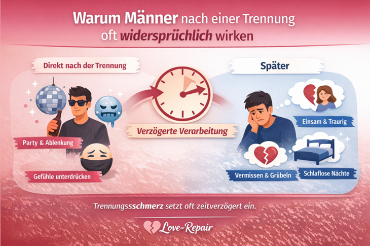Infografik: Warum Männer nach einer Trennung oft so widersprüchlich wirken – die einzelnen Phasen grafisch aufgezeigt.
