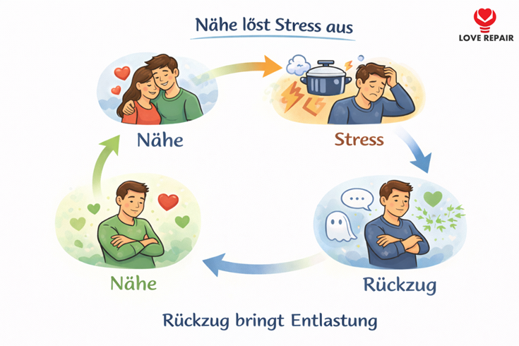 Illustration des emotionalen Kreislaufs bei Bindungsangst: Nähe führt zu Stress, Stress führt zu Rückzug, Rückzug bringt kurzfristige Entlastung.