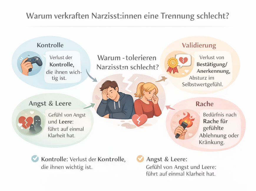 Infografik zu den Gründen, warum Narzissten Trennungen schlecht verkraften: Verlust von Kontrolle, Wegfall von Anerkennung und Bestätigung, Angst und innere Leere sowie Rachegefühle nach empfundener Kränkung.