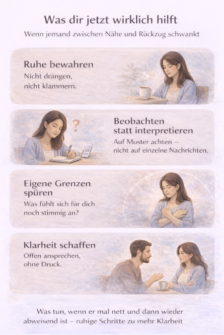 Was tun, wenn er mal nett und dann wieder abweisend ist – ruhige Schritte zu mehr Klarheit