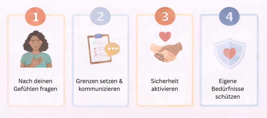 Infografik mit vier nummerierten Feldern, die Schritte zum Umgang mit Funkstille zeigen: Selbstfokus, innere Klärung, Grenzen wahren und emotionalen Selbstschutz stärken.