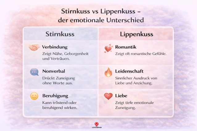 Infografik vergleicht Stirnkuss und Lippenkuss und zeigt ihre unterschiedlichen emotionalen Bedeutungen wie Nähe, Vertrauen, Romantik und Leidenschaft.