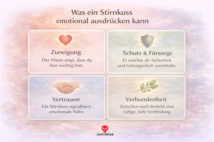 Infografik zeigt vier mögliche emotionale Bedeutungen eines Stirnkusses: Zuneigung, Schutz und Fürsorge, Vertrauen sowie emotionale Verbundenheit.
