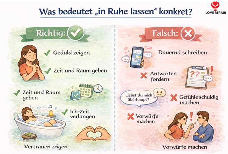 Infografik: Was „in Ruhe lassen“ wirklich bedeutet – hilfreiches Verhalten vs. Druck erzeugen