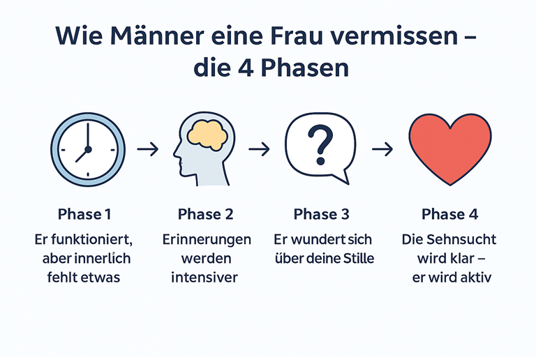 Infografik zeigt die vier Phasen, wie Männer eine Frau vermissen: inneres Fehlen, stärkere Erinnerungen, Verwunderung über die Stille und klare Sehnsucht