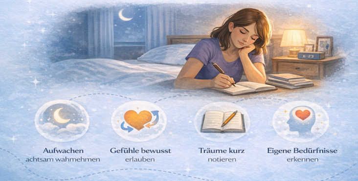 Illustration: Frau notiert ihre Träume nach dem Aufwachen – achtsamer Umgang mit wiederkehrenden Träumen vom Ex und emotionale Selbstreflexion