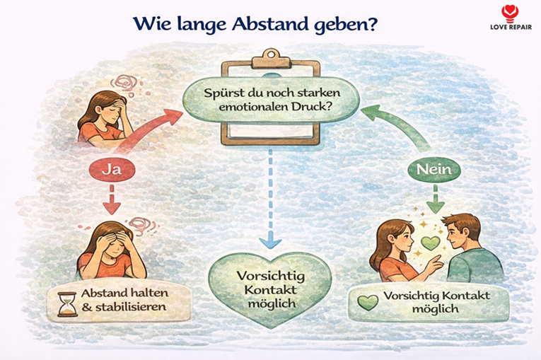 Flowchart zeigt, wann du bei einem bindungsängstlichen Menschen wieder Kontakt aufnehmen kannst – abhängig von innerer Ruhe, Druckabbau und veränderter Dynamik.