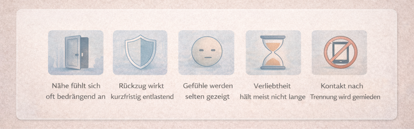 Typische Merkmale des vermeidenden Bindungsstils: Nähe wird als belastend erlebt, Rückzug wirkt kurzfristig entlastend und Gefühle werden selten offen gezeigt.