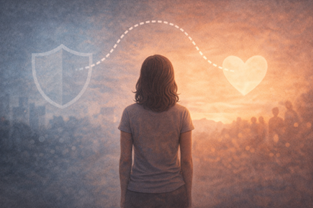 Illustration einer Person zwischen Distanz und Nähe: Links Schutz und Rückzug, rechts emotionale Offenheit und Verbindung – Symbol für die Veränderung eines vermeidenden Bindungsstils.